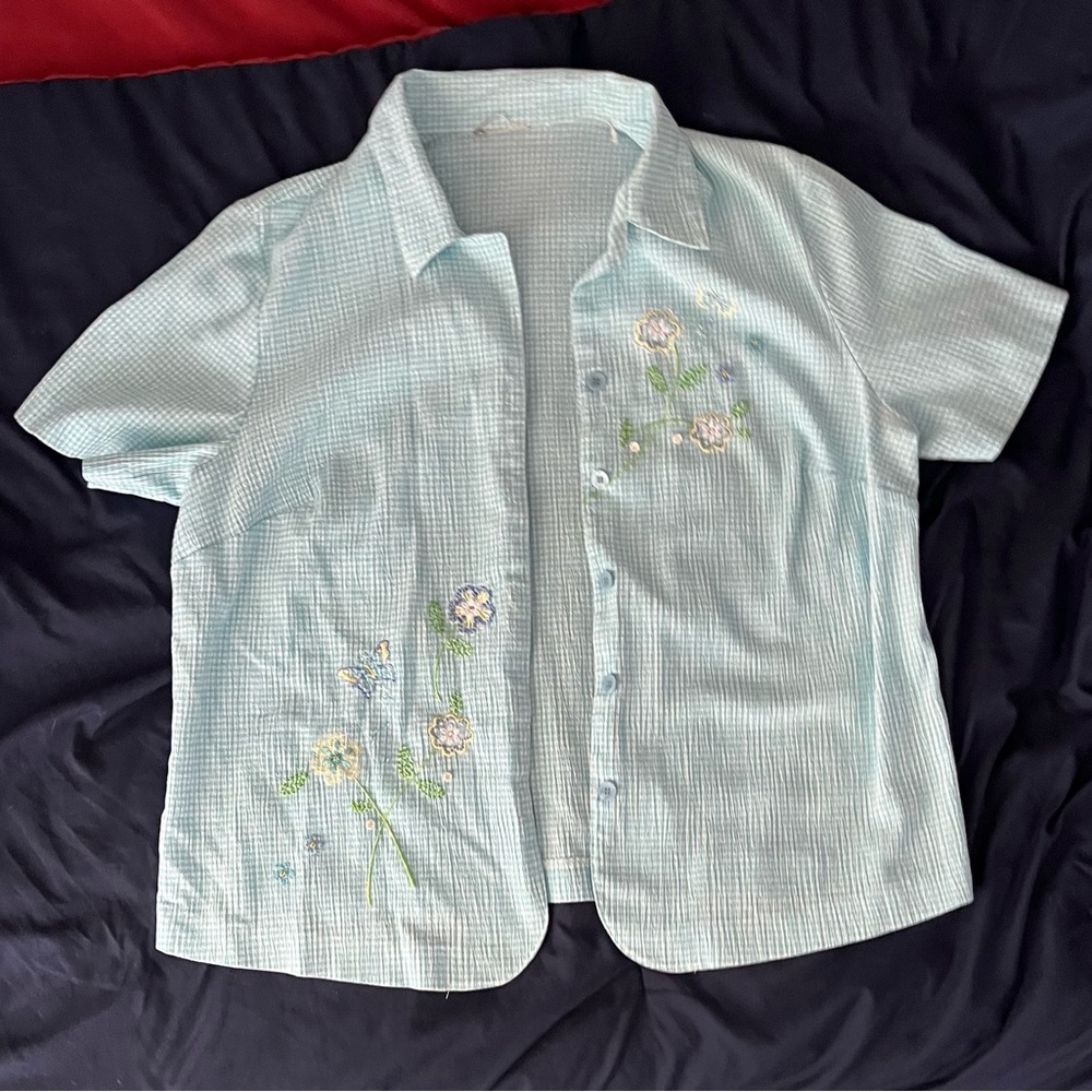 Blue large button down shirt, used